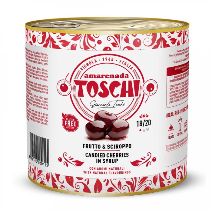 CHERRIES 18/20 (6 X 2.75 KG) | Toschi | Certifications: vegan; Pack: box of 16.5 kg.-6 cans of 2.75 kg.; Product family: fruit r CHERRIES 18/20 (6 X 2.75 KG) | Toschi | Certifications: vegan; Pack: box of 16.5 kg.-6 cans of 2.75 kg.; Product family: fruit r
