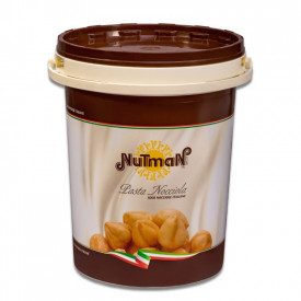 Nutman | Buy online HAZELNUT PASTE DELICIA DARK | bucket of 5 kg. | Pure Italian hazelnut paste. Strong roasting