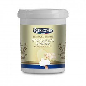 WHITE CHOCOLATE COVERING | Rubicone | Certifications: halal, kosher, gluten free; Pack: box of 6 kg. -4 buckets of 1.5 kg.; Prod