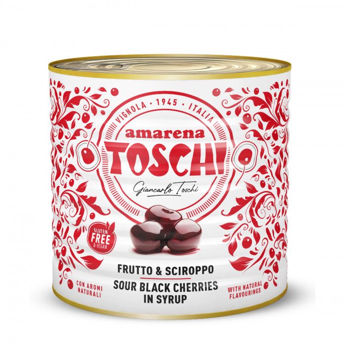 SOUR CHERRY FRUIT & SYRUP TOSCHI 18/20 - 3.2 KG. | Toschi | Certifications: vegan; Pack: can of 3.20 kg.; Product family: fruit  SOUR CHERRY FRUIT & SYRUP TOSCHI 18/20 - 3.2 KG. | Toschi | Certifications: vegan; Pack: can of 3.20 kg.; Product family: fruit